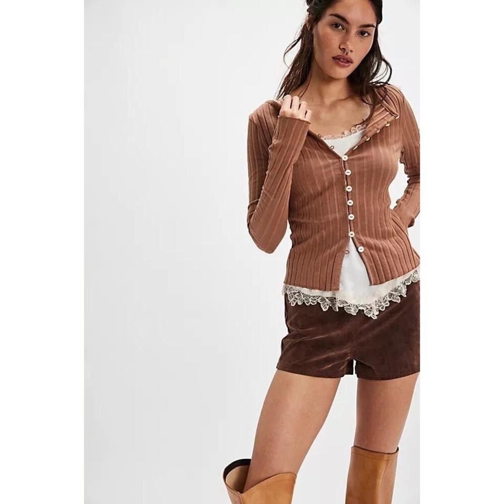 Free People Tilly Long-Sleeve Cardi Blouse Top Knit Ribbed Buttondown XS 281480